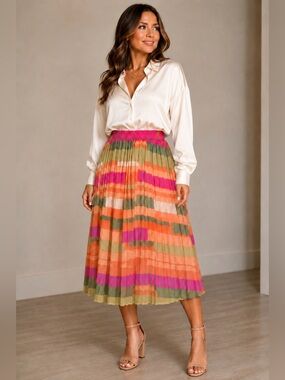 Her Destiny pleated midi skirt features a multicolor abstract geometric print